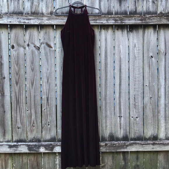 Reggio Dresses & Skirts - Vintage Reggio Maroon Velvet Maxi Dress Halter Beaded Strappy Wine Red